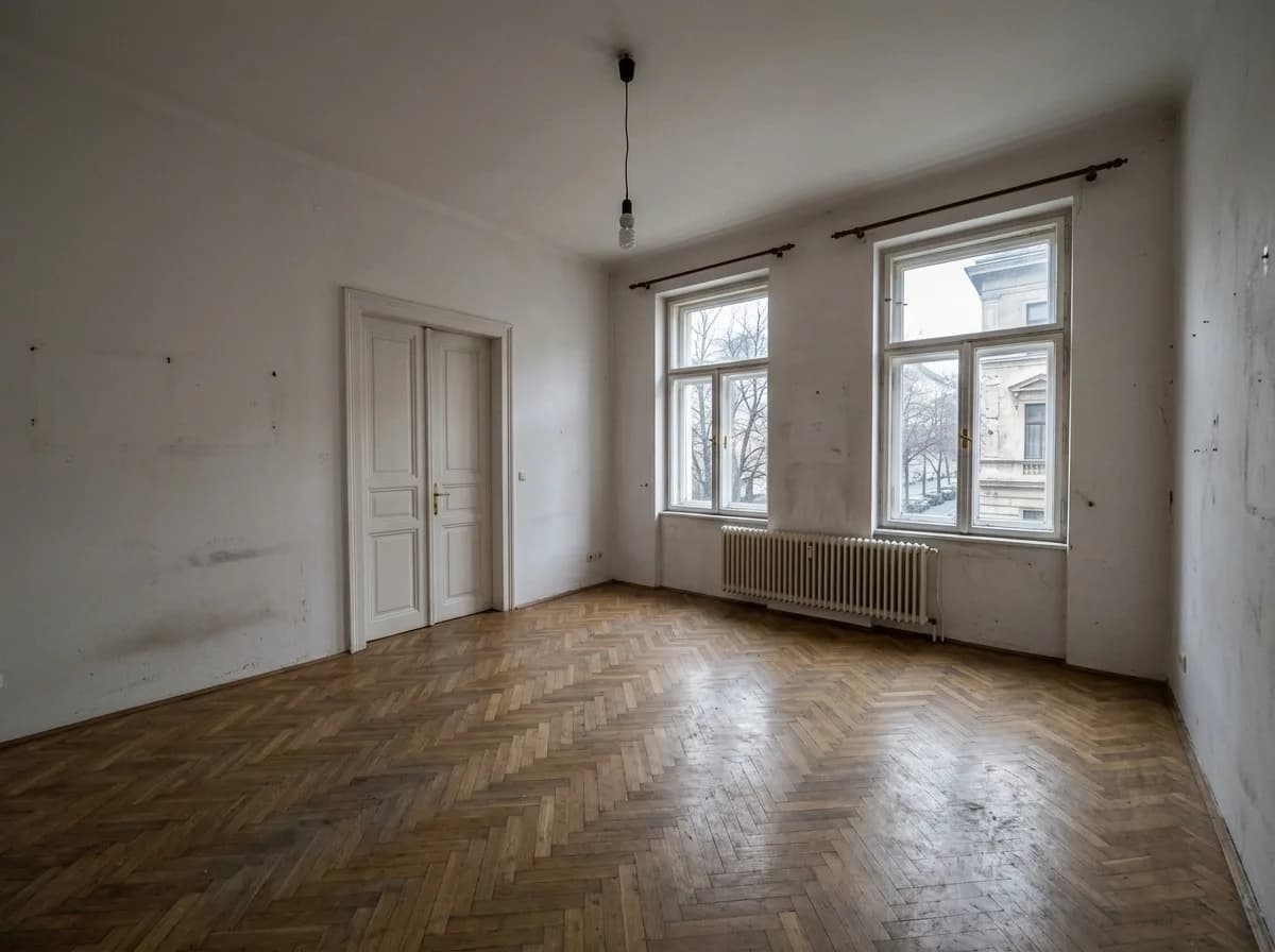 Derselbe Altbau-Wohnraum leer, vor dem virtuellen Staging