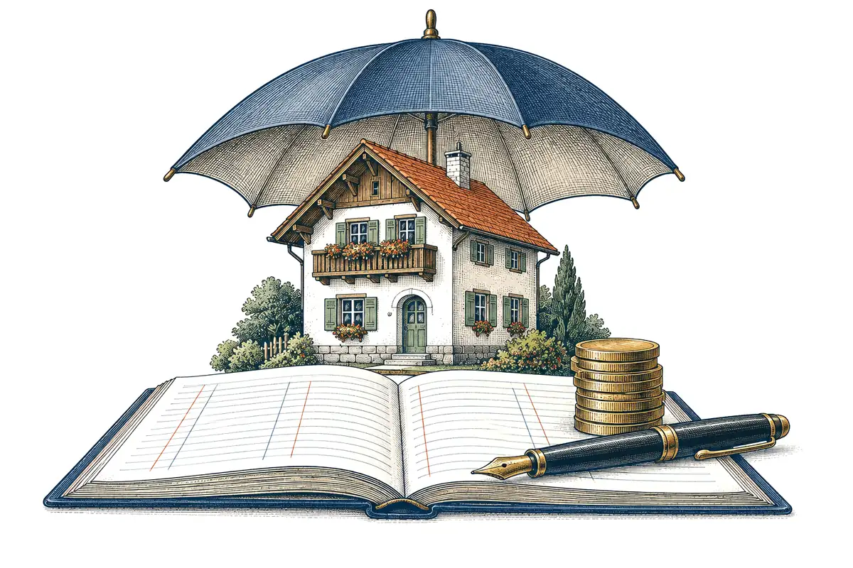 Illustration: Einfamilienhaus unter einem aufgespannten Schirm, davor ein Kreditvertrag mit Füllfeder und Münzen