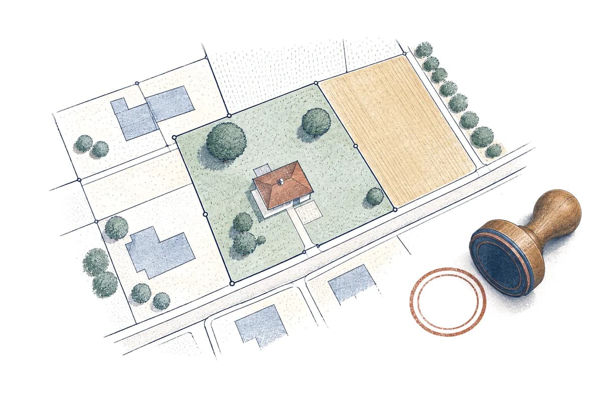 Illustration: Grundstücksplan mit Parzellen und einem Haus, daneben ein Amtsstempel
