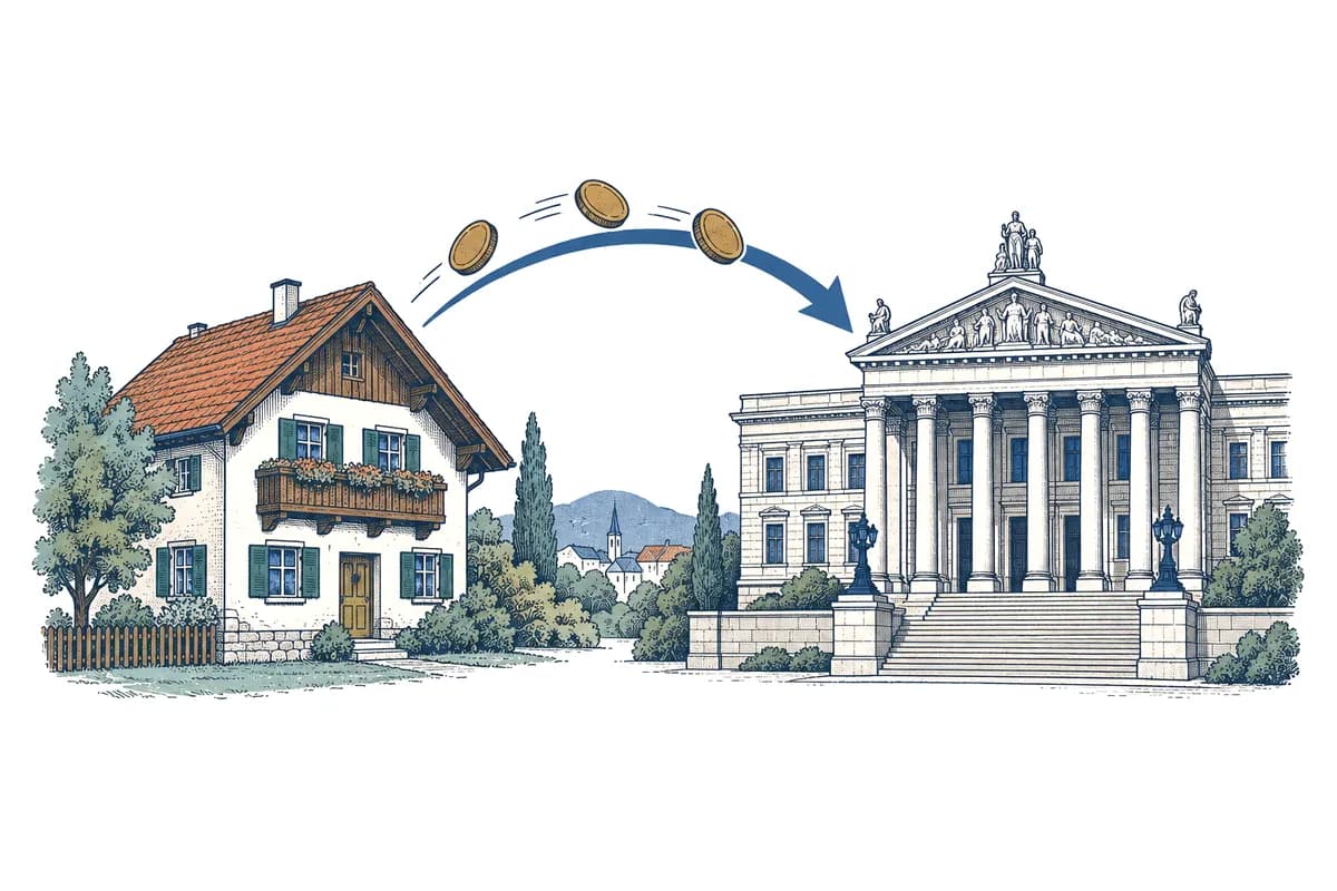 Illustration: Münzen fliegen von einem Haus zum Finanzamt