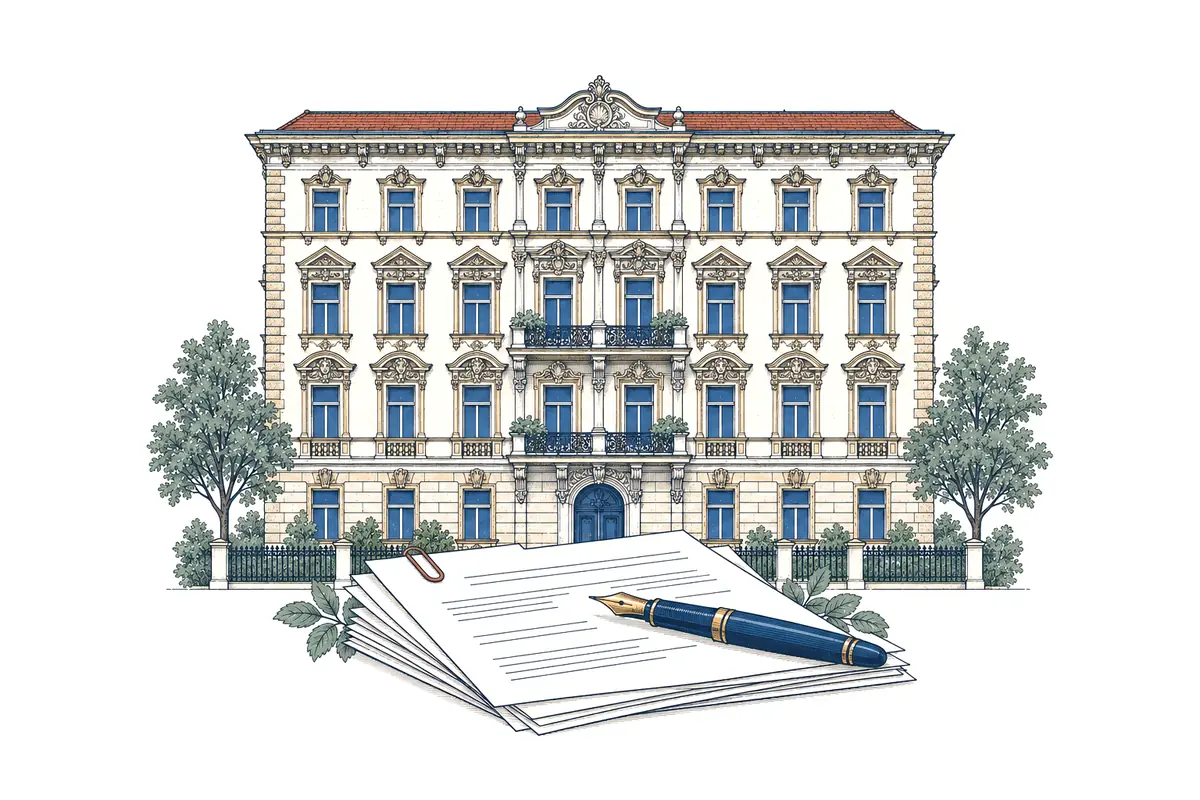 Illustration: Wiener Gründerzeit-Altbau, davor ein Stapel Vertragsseiten mit Füllfeder