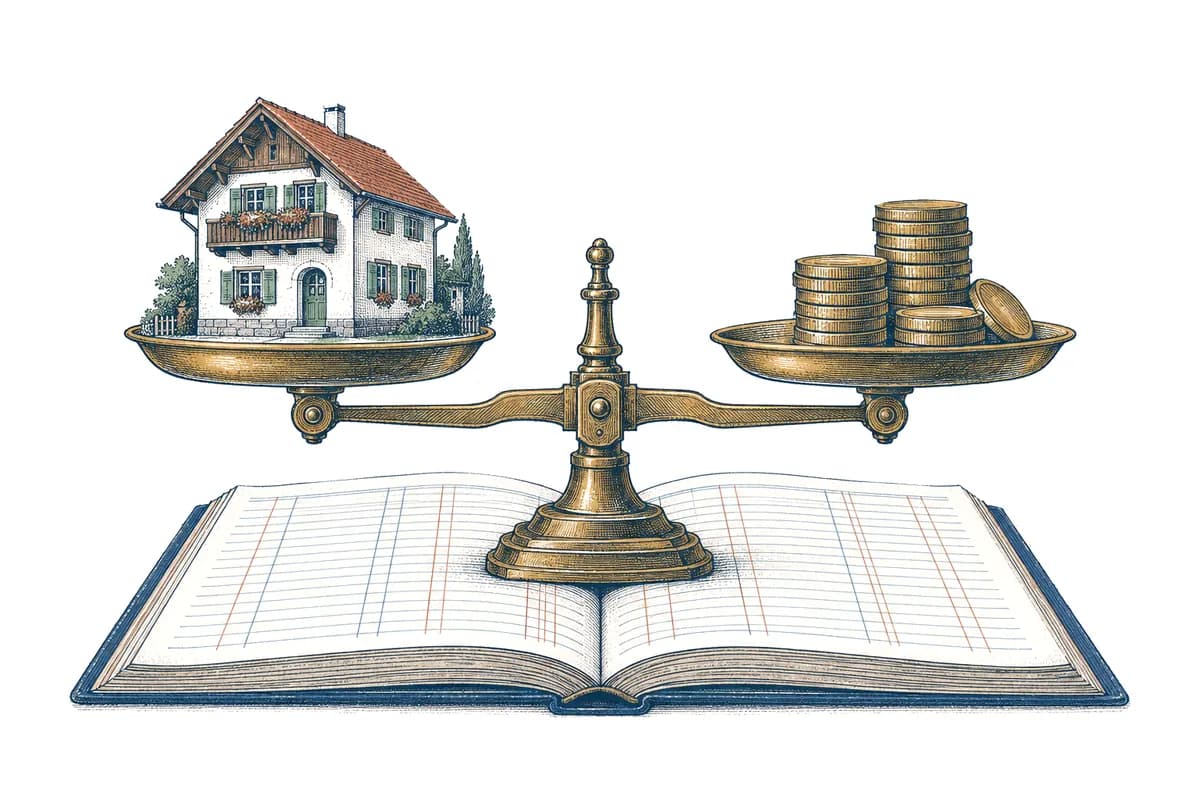 Illustration: Haus und Münzstapel auf einer Balkenwaage über einem aufgeschlagenen Kassabuch