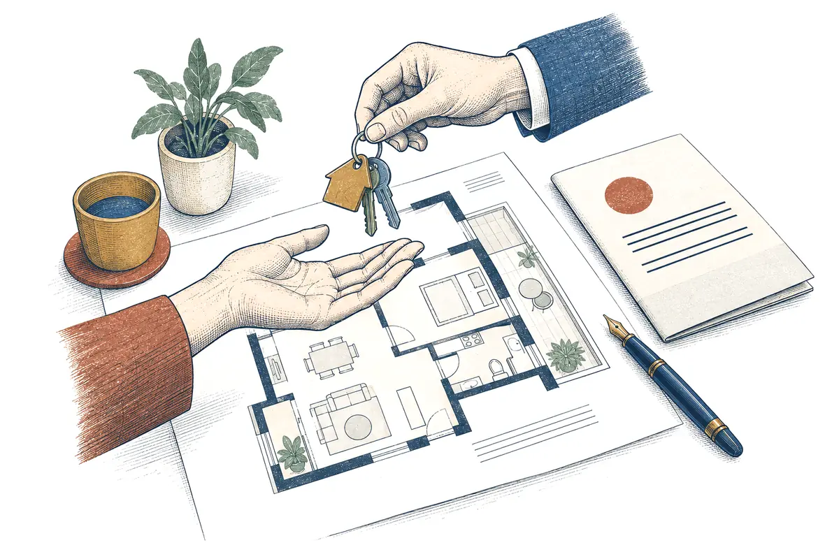 Illustration: Übergabe des Wohnungsschlüssels über einem Grundriss, daneben Vertrag und Füllfeder