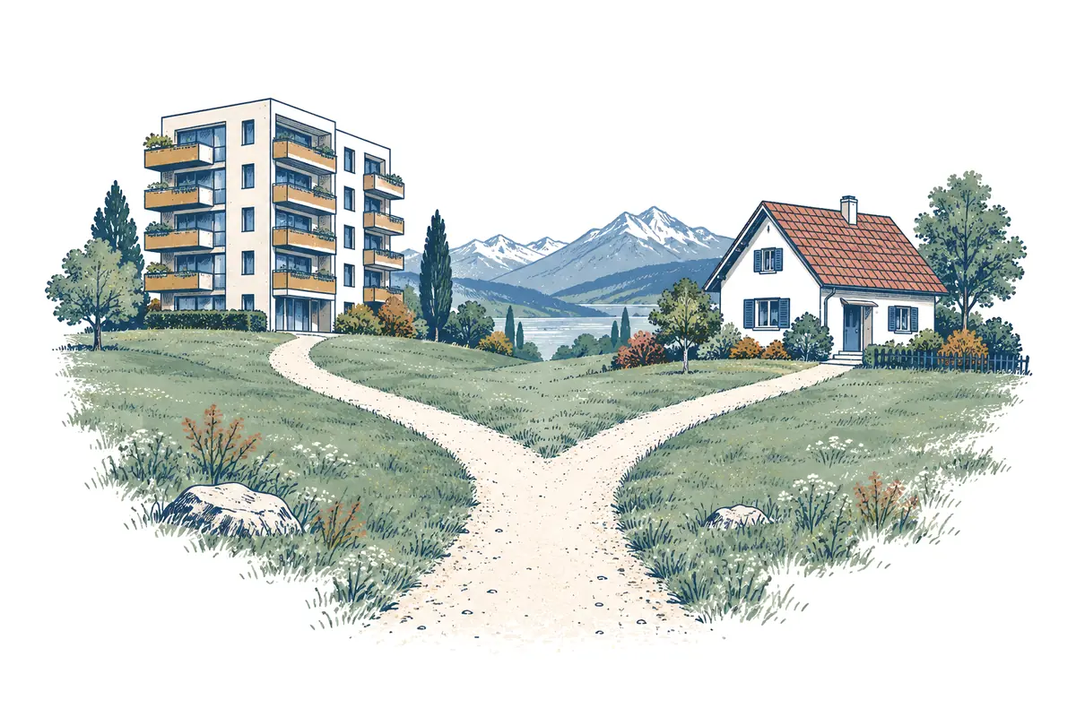 Illustration: Weggabelung zwischen einem Wohnblock und einem Einfamilienhaus