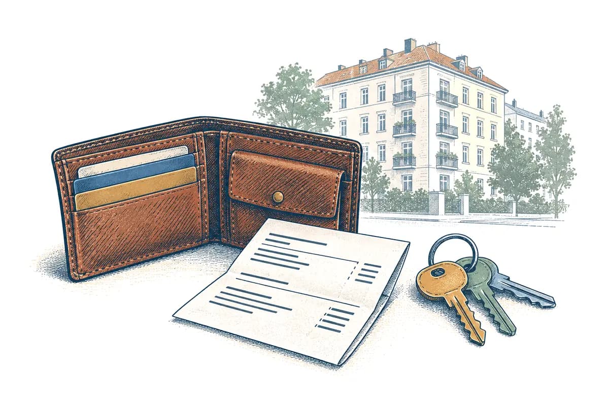 Illustration: Geldbörse, Gehaltszettel und Hausschlüssel vor einem Wohnhaus